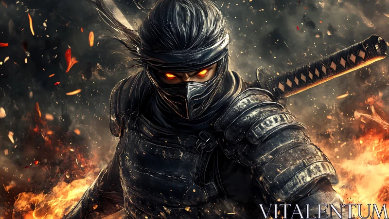 Armored shadow ninja amid combustion plume dynamics.