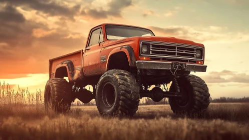 Lifted orange pickup truck in open field at sunset.