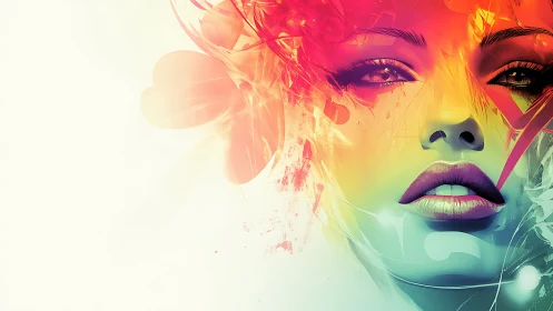 Digital painting portrait with neon chromatic fragmentation.