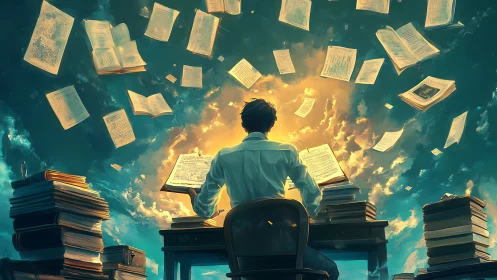 Man at desk surrounded by flying pages and glowing sky