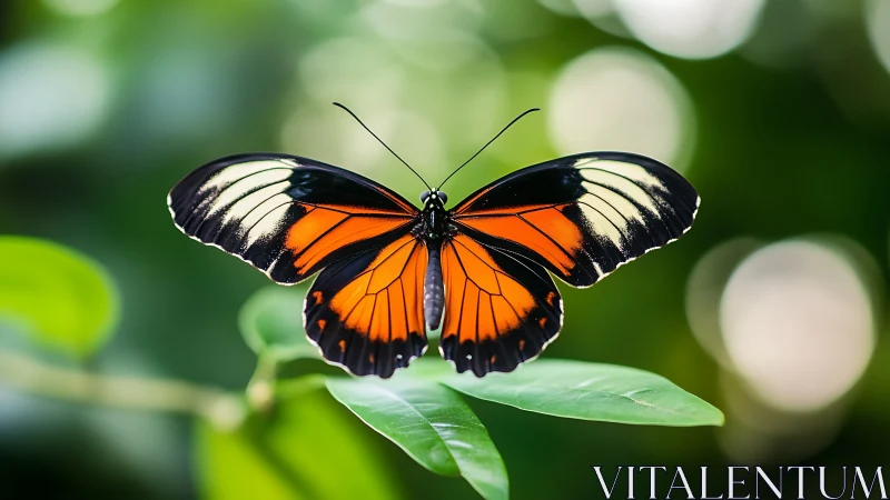 Macro study of orange black butterfly on vivid green leaf.