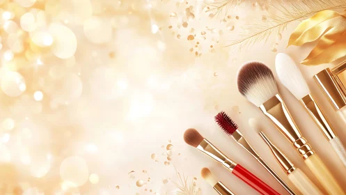 Makeup brushes lie on golden bokeh background with copyspace