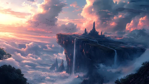 Spires pierce clouds as golden sunset crowns an impossible floating kingdom