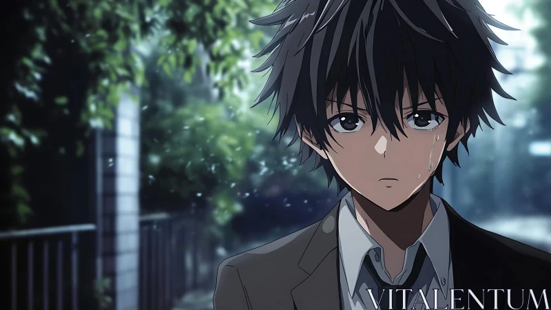 Quiet rain-soaked walk with a thoughtful anime boy.