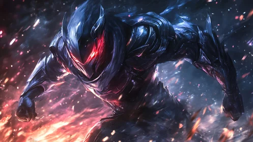 Cybernetic knight charges through molten embers and smoke.