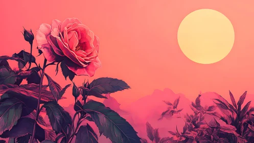 Sunlit rose silhouette over glowing coral horizon at dusk.