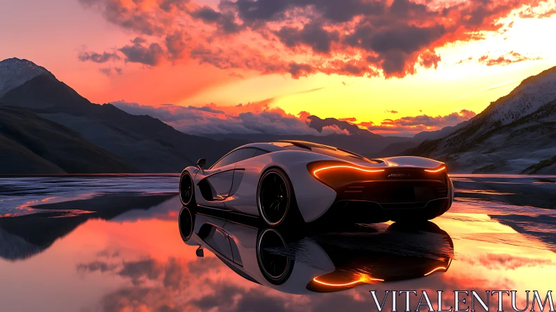 Supercar silhouette on reflective alpine lake at sunset.