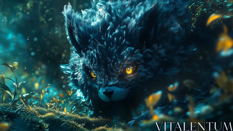 Bioluminescent forest predator with luminous amber oculars.