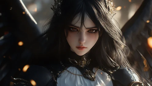 Dark winged guardian meets the viewer with unwavering calm