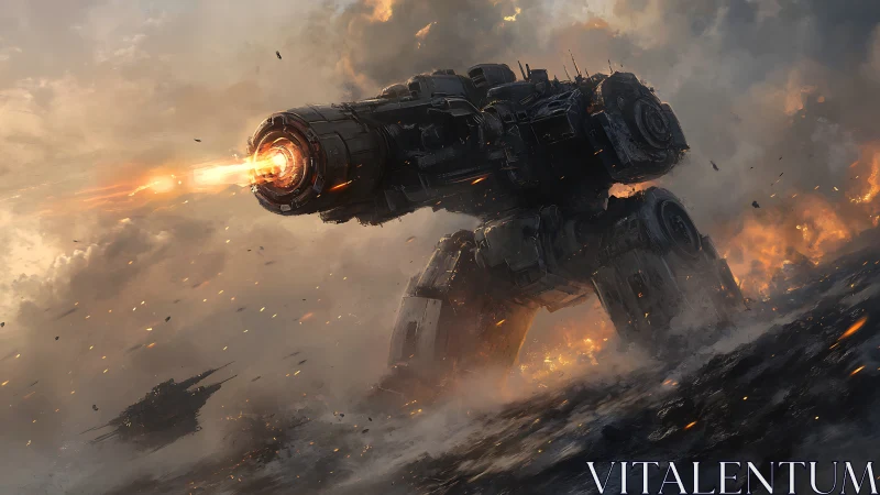 Armored quadruped siege mech discharging plasma salvo in warzone