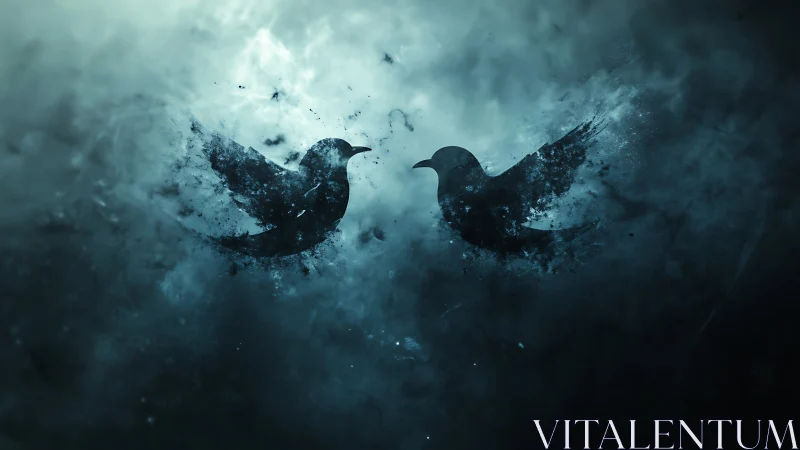 Twin raven silhouettes emerge within turbulent blue mist