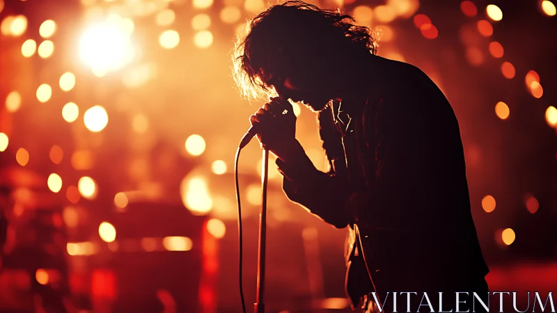 Silhouetted singer wrapped in golden stage lights at night.