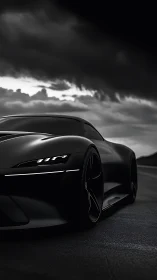 Sleek black concept supercar under dramatic storm sky.