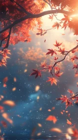 Autumn maple canopy with cinematic backlight over water