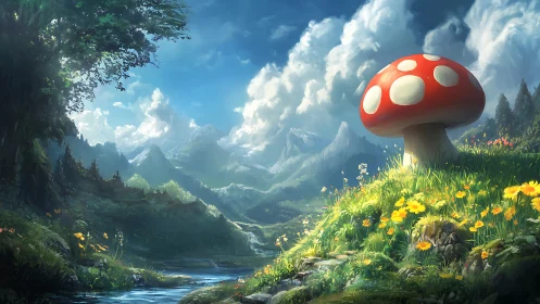 Giant toadstool crowns a sunlit valley of whispering peaks.
