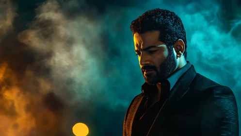 Man in dark suit against colored smoke background at night.