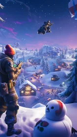 Winter battle royale over snowy village at dusk.