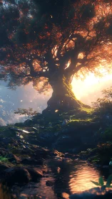 Ancient luminous tree crowns mossy stream at sunrise