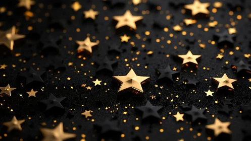 Metallic star shapes scattered on dark granular surface.