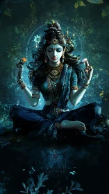 Seated ornate female figure in teal environment, meditative pose.