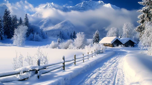 Snow-covered rural path leading to cabins in winter landscape.