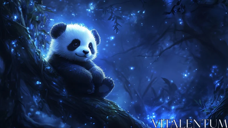 Nocturnal baby panda resting in luminous blue forest glow.