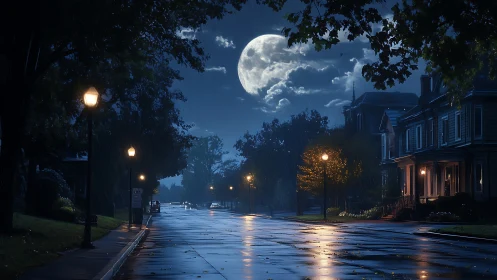 Moonlit suburban street glows softly under gentle night rain