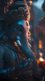 Gentle Ganesha statue glows with ornate detail and warm light