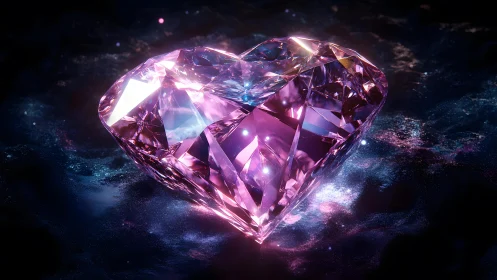 Radiant Heart-Shaped Pink Diamond on Dark Glittering Surface.