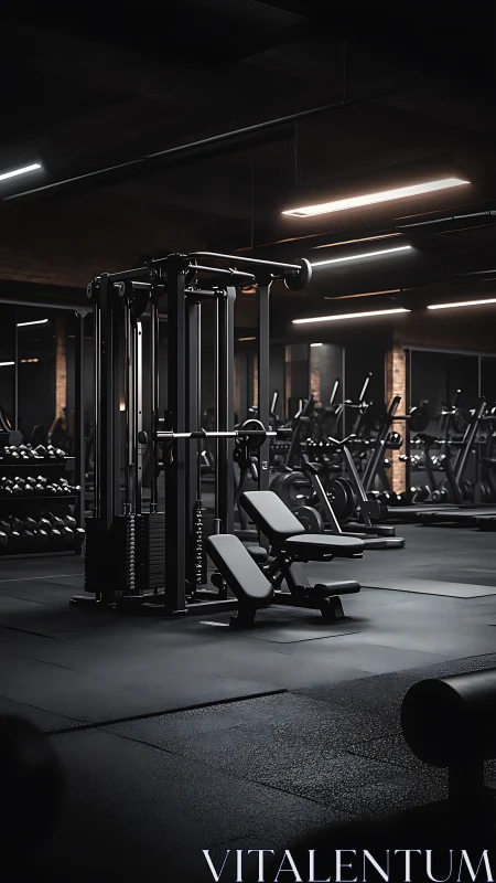 Commercial gym weight station under linear LED ceiling lighting