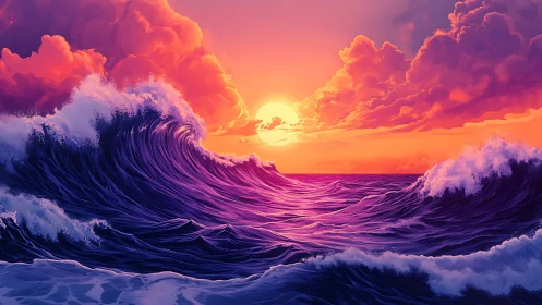 Large stylized ocean waves rise under a saturated sunset sky