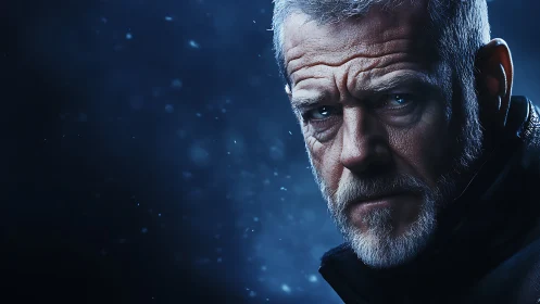 Brooding older man stares through cold blue atmospheric haze