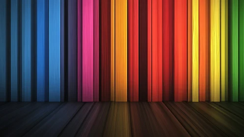 Vertical spectrum panels with reflective wooden stage backdrop.