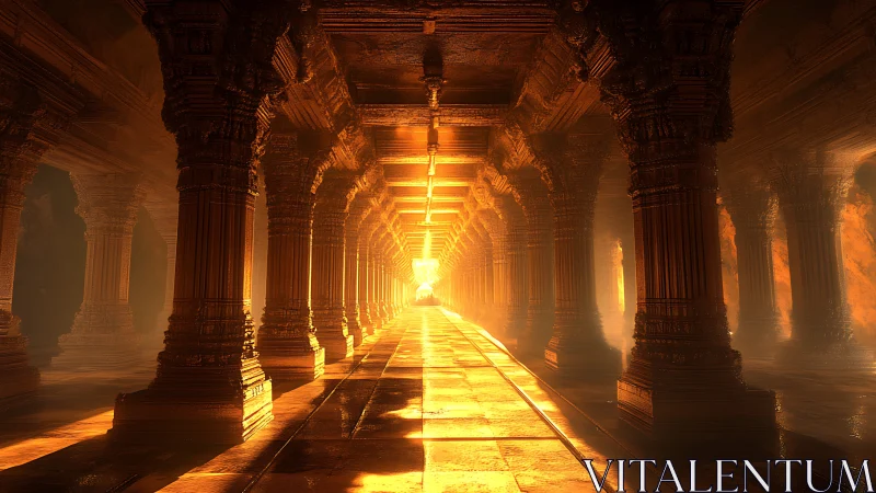 Ancient temple corridor glows under molten golden light.