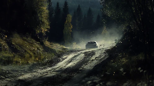 Digital painting of rally car on misty forest dirt track.