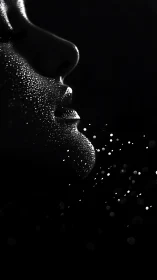 Monochrome profile with glittered skin and floating sparks.