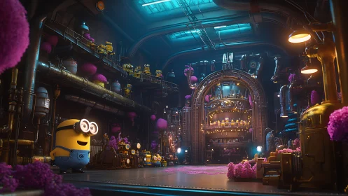 Playful yellow helpers exploring a glowing candy factory.