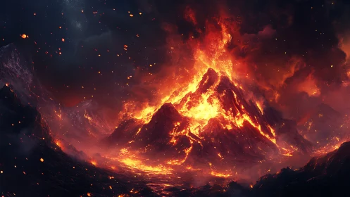 Erupting volcano engulfed in molten lava and fiery devastation