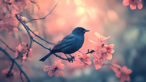 Sapphire Songbird Among Blushing Blossoms at Dawn.