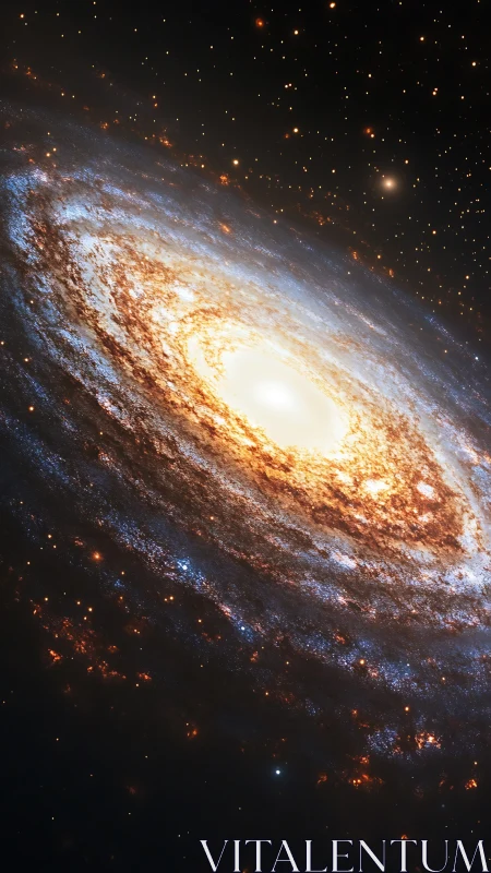 Spiral galaxy core glows with dense golden starfields.