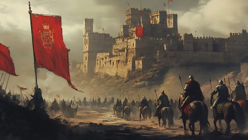 Armored cavalry siege column advancing on fortified citadel.