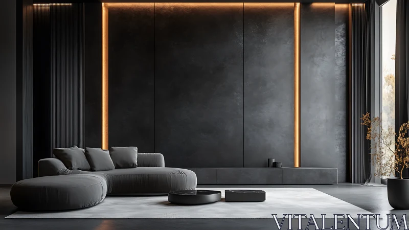 Cozy minimalist lounge with soft curves and warm glow.