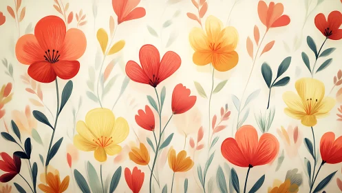 Floral composition with layered botanical elements and warm color palette