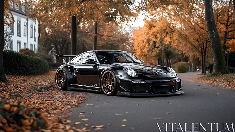 Black sports coupe is parked on a tree-lined autumn street