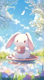 Gentle spring bunny savoring tea on a sunny petal pond.