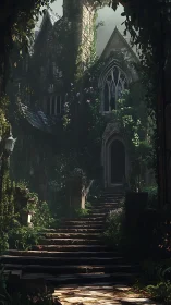 Overgrown gothic manor entrance in dense, shaded garden.