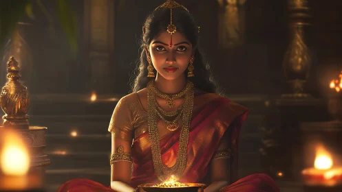 Woman in red saree holds oil lamp in dim temple interior