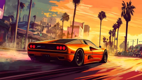 Sunset sprint through neon-tinted palm lined boulevard.