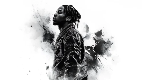 Monochrome side-profile portrait merges with ink splashes