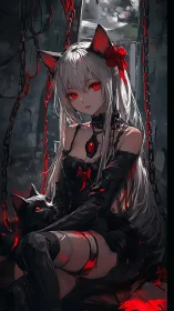 Cat eared anime girl with red eyes sits beside black cat
